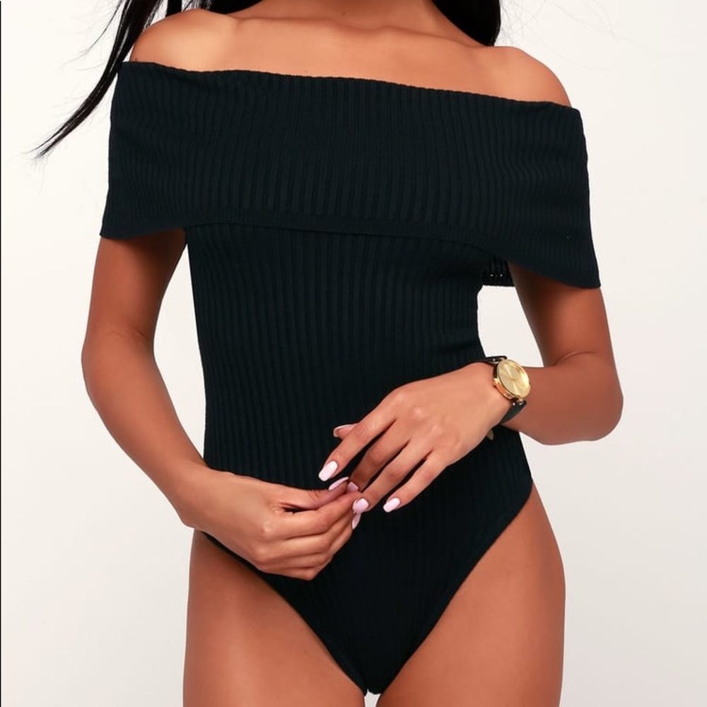 Free People Black Ribbed Off-The-Shoulder Bodysuit